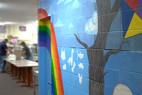 Wall painted with a rainbow